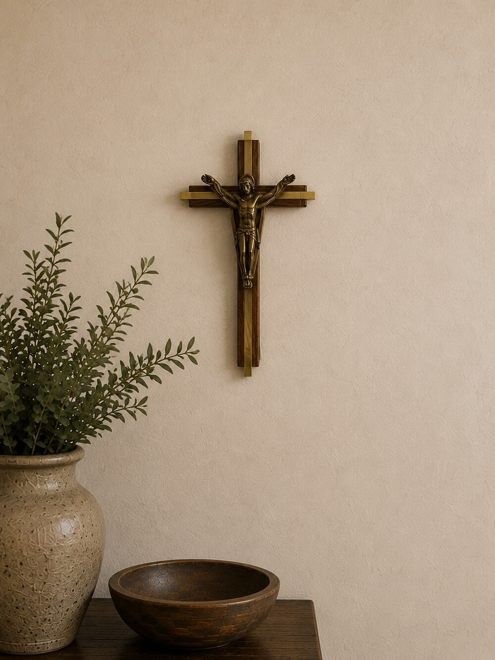 Vtg MCM Risen Christ Wall Cross Crucifix 9.5" Walnut Wood Brass Inlay Religious
